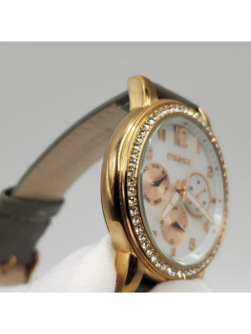 Drone Rhinestone Rose Gold Womens 38mm Multifunction Watch New Battery